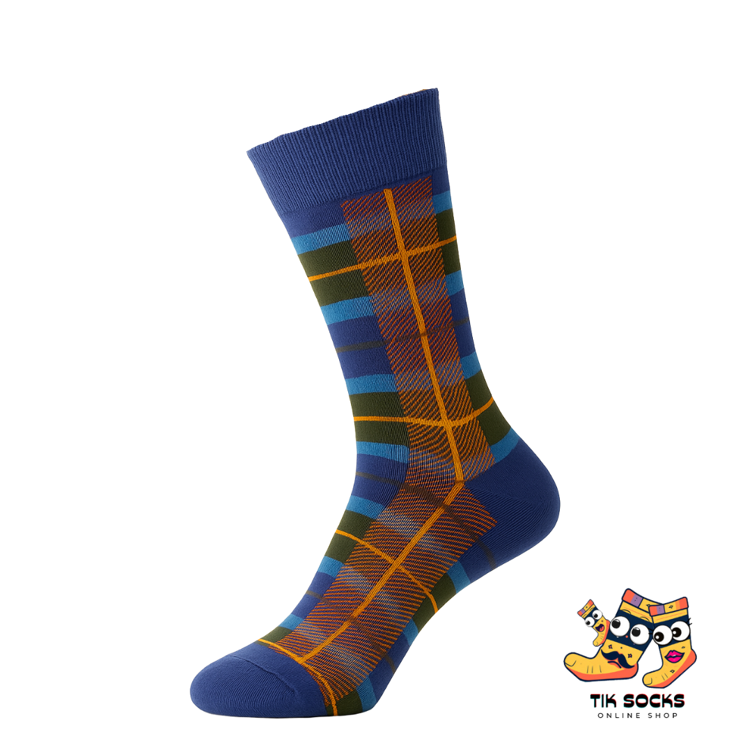 Plaid patterned sock with blue and orange design on a white background, featuring Tik Socks brand logo.