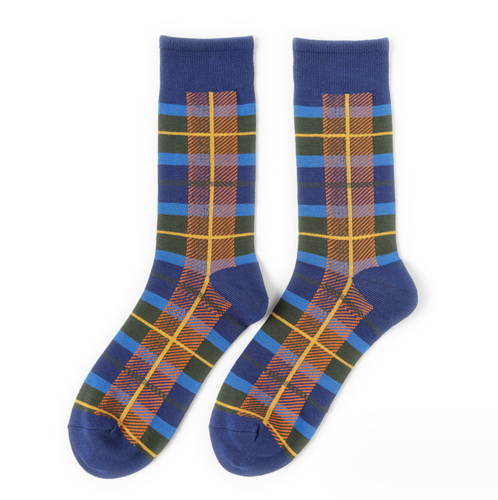 Plaid bamboo socks in a vibrant mix of colors, highlighting their eco-friendly composition and stylish pattern.