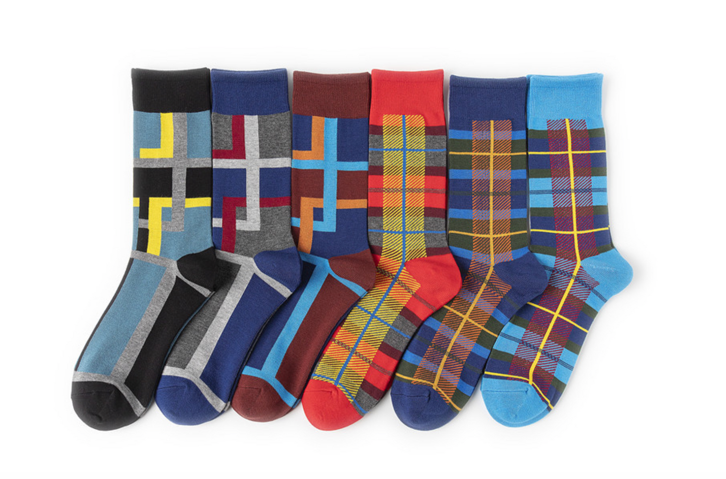 Plaid bamboo socks in a vibrant mix of colors, highlighting their eco-friendly composition and stylish pattern.