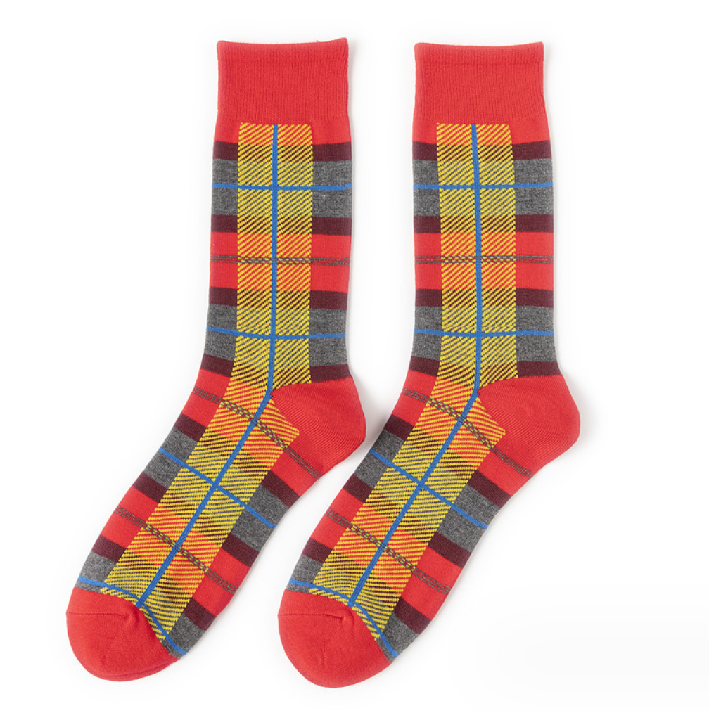 Plaid bamboo socks in a vibrant mix of colors, highlighting their eco-friendly composition and stylish pattern.