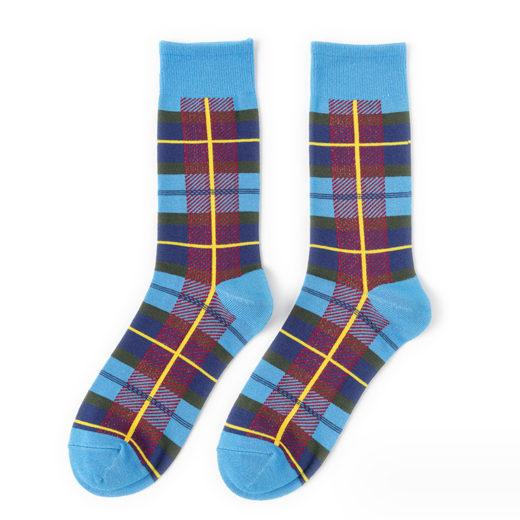 Plaid bamboo socks in a vibrant mix of colors, highlighting their eco-friendly composition and stylish pattern.