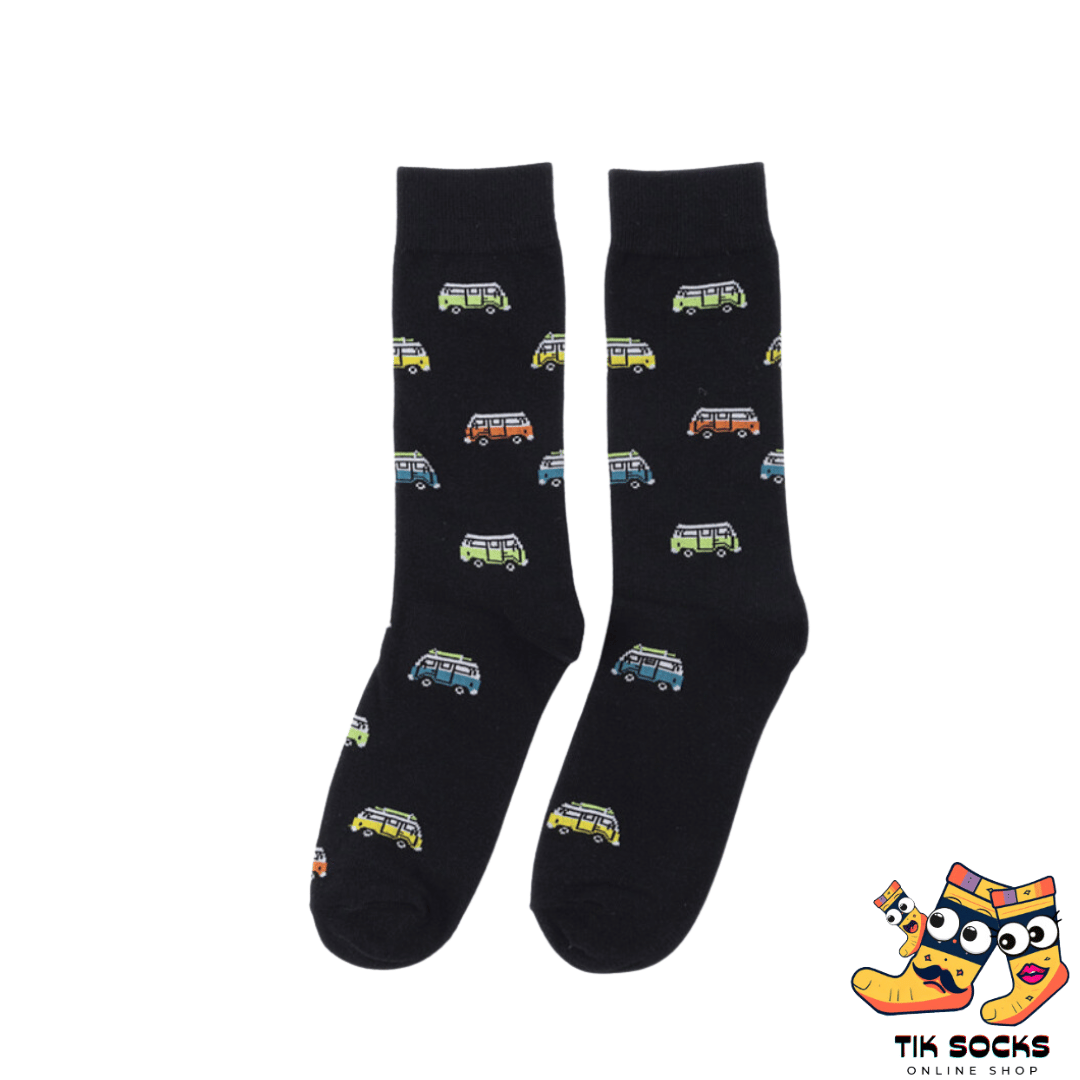 Men's and women's socks adorned with various colorful buses
