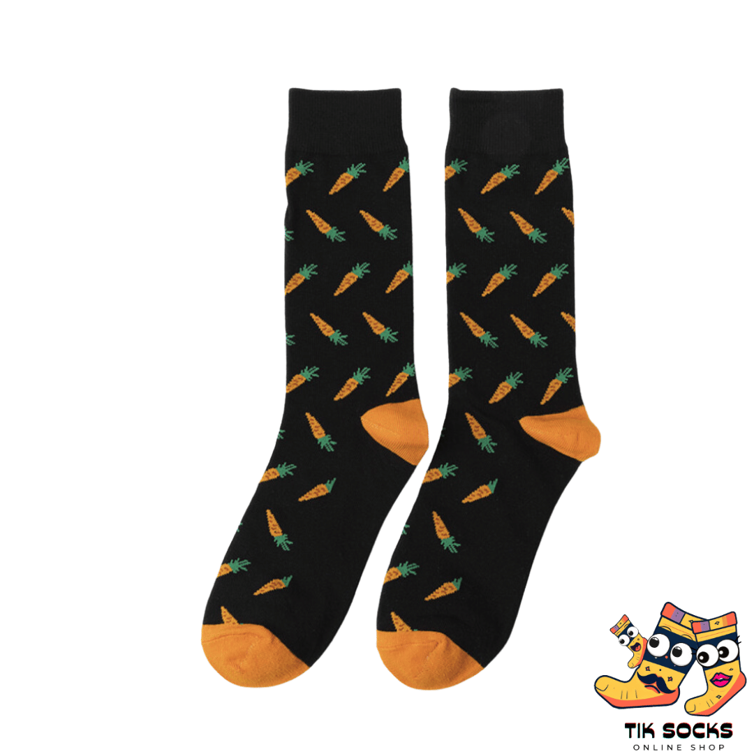Men's and women's socks featuring a repeated pattern of bright orange carrots with green tops