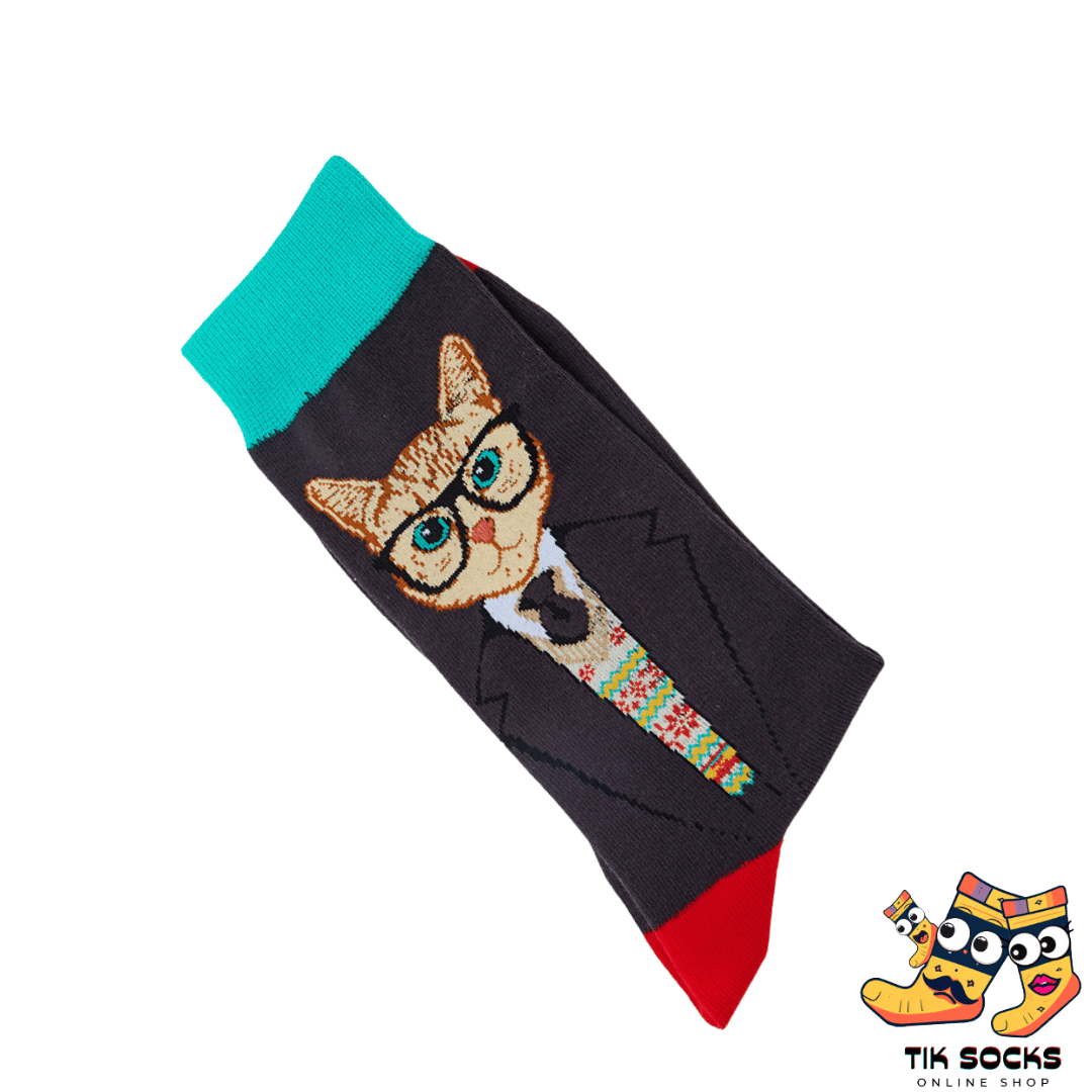 "Men's and women's socks showcasing a design of cats dressed in business attire, acting as managers with briefcases and ties."