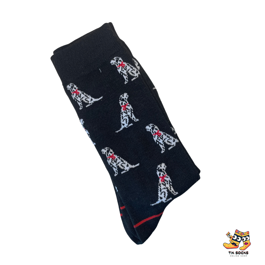 Men's and women's socks adorned with spotted Dalmatian dogs in various playful poses against a contrasting background