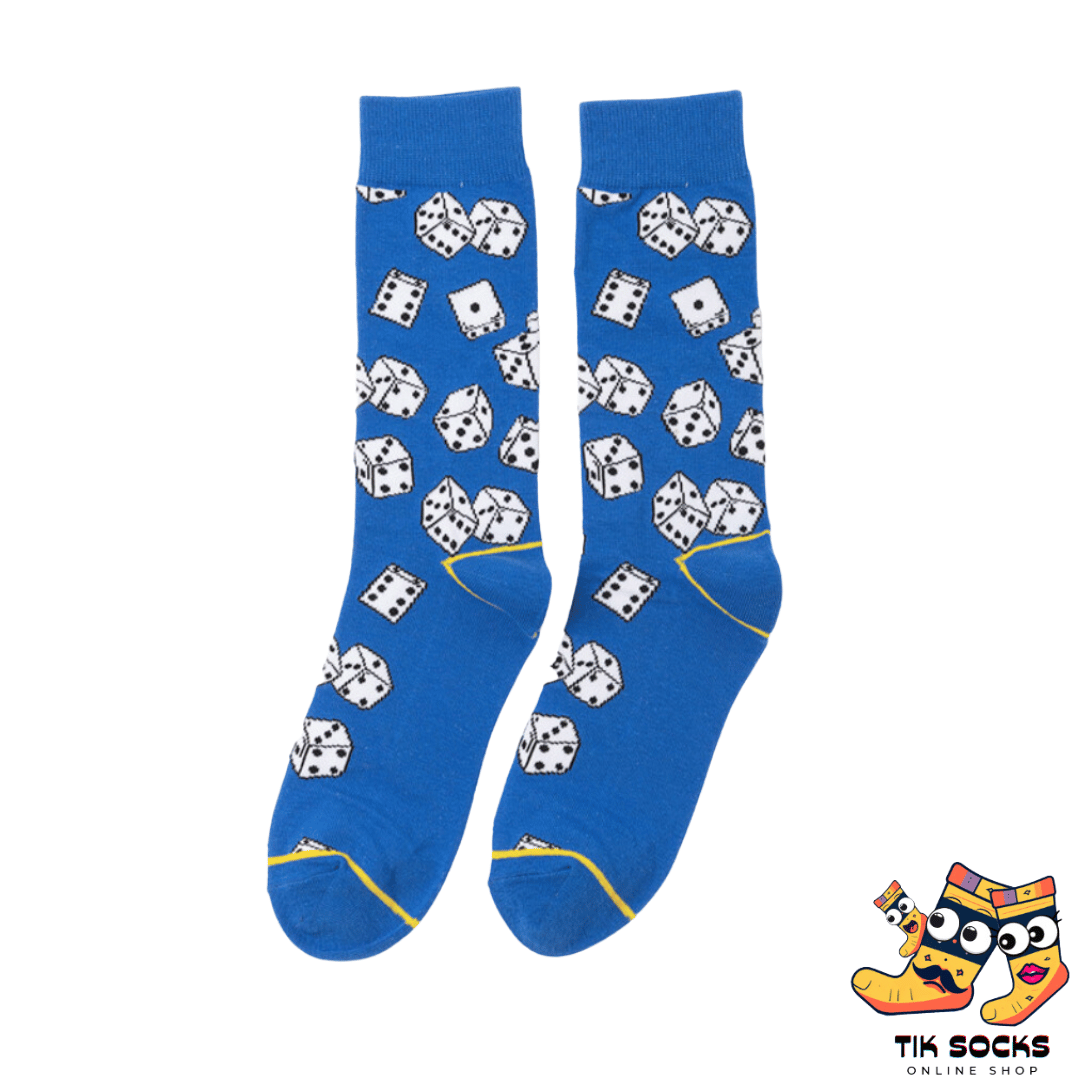 Men's and women's socks featuring a pattern of multi-sided dice in various colors and configurations against a neutral background
