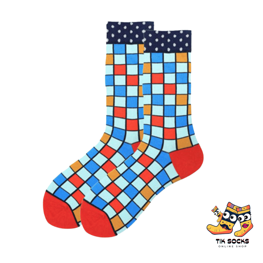 Men's and women's socks illuminated with a pattern of colorful disco lights, capturing the vibrant energy of a dance floor against a dark backdrop