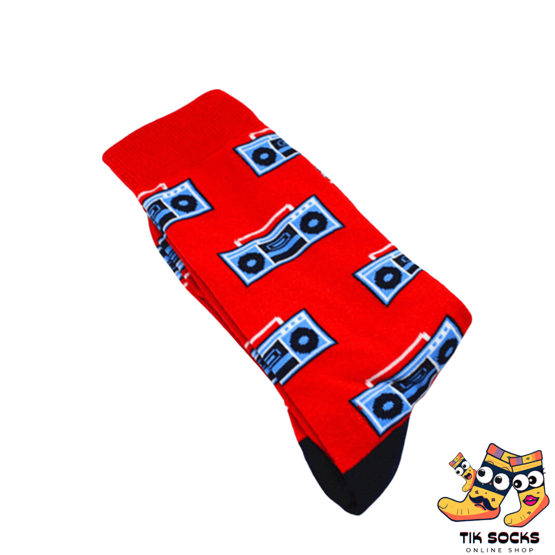 Men's and women's socks featuring illustrations of vintage radio sets, showcasing their classic design, set against a retro-themed background
