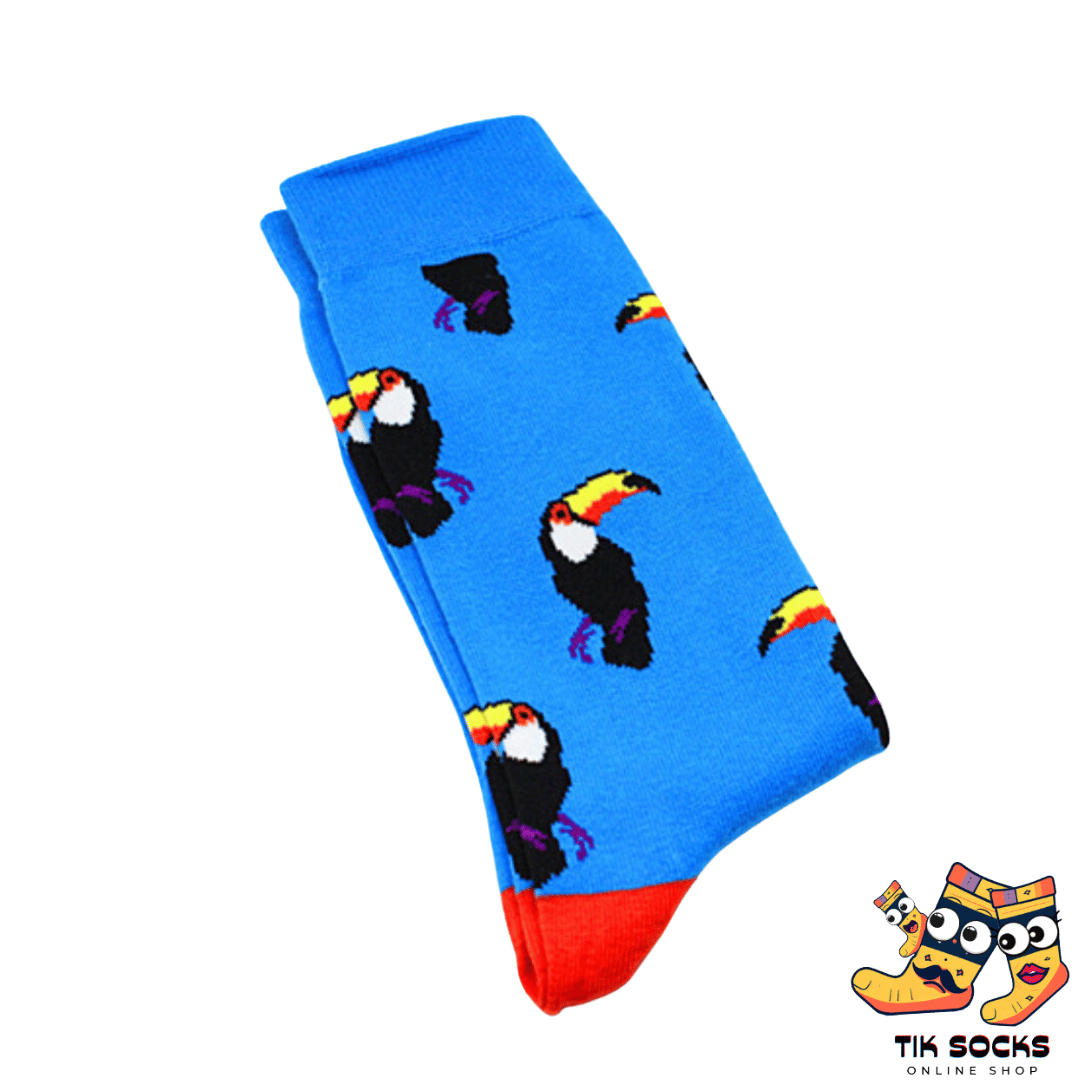 Men's and women's socks adorned with illustrations of various sea birds in flight, set against a coastal or beach-themed background