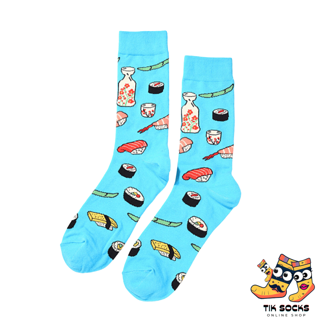 Comfortable and breathable blue socks for men and women, adorned with sushi patterns