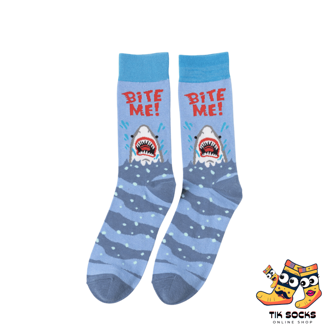 Men's and women's socks featuring a graphic of a shark with the words 'no bite me' printed on them