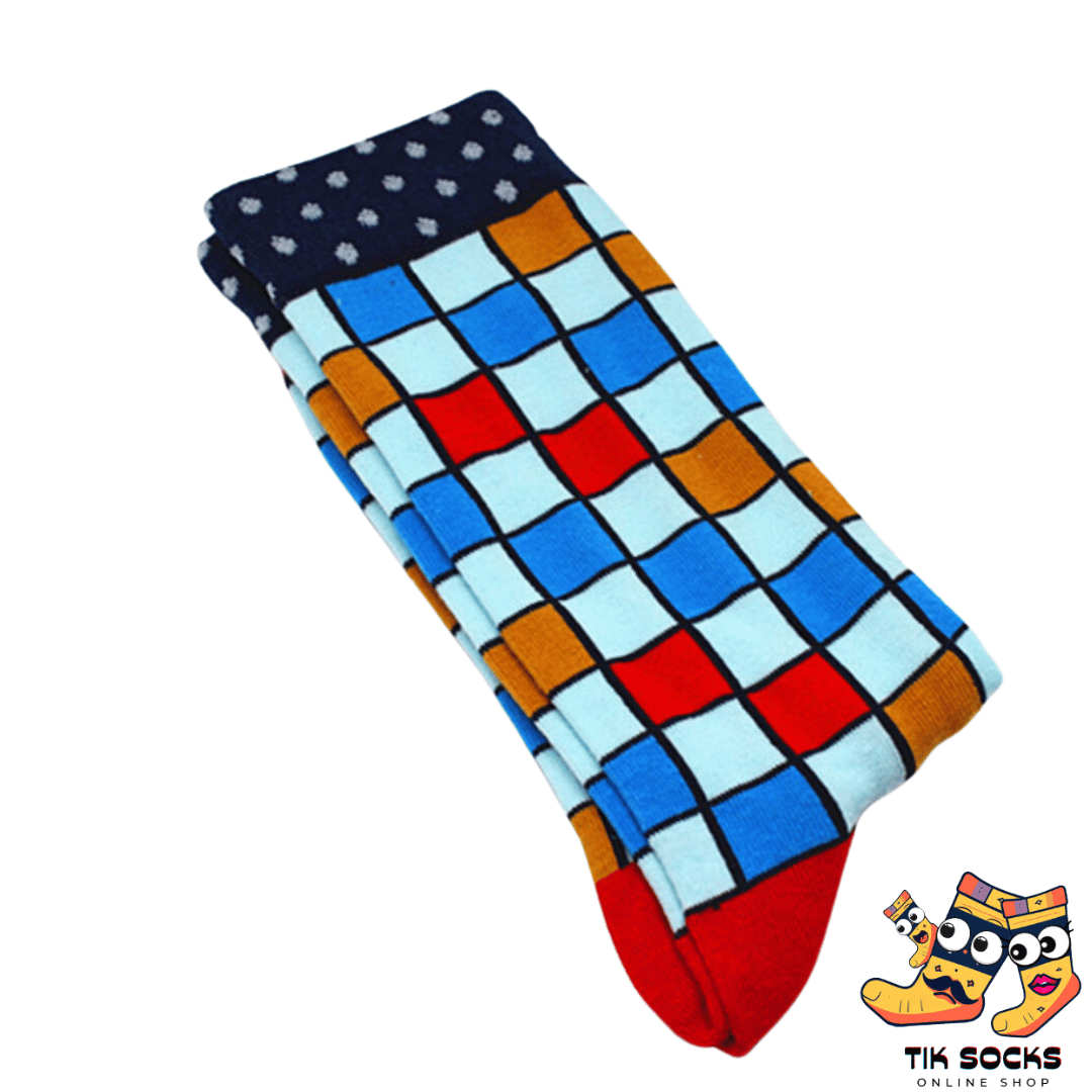 Men's and women's socks illuminated with a pattern of colorful disco lights, capturing the vibrant energy of a dance floor against a dark backdrop