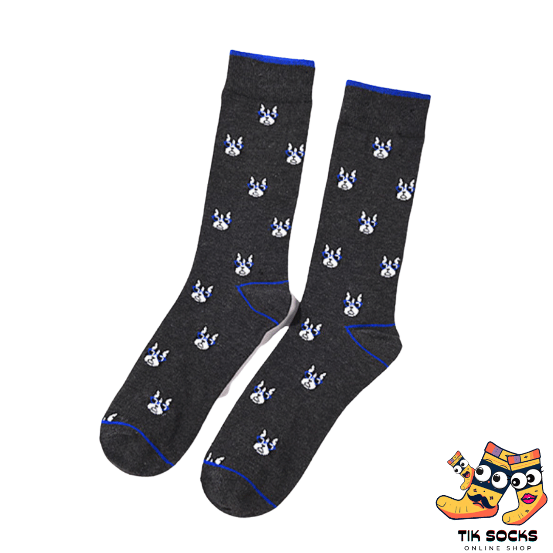 Men's and women's socks adorned with illustrations of French Bulldogs in various playful and relaxed poses against a themed background