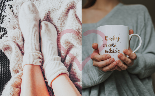 Split image featuring cozy white knit socks on a person's feet resting on a plush blanket on the left, and on the right, a person holding a white mug with the inscription 'Baby, it's cold outside' in a cozy, grey sweater backdrop.