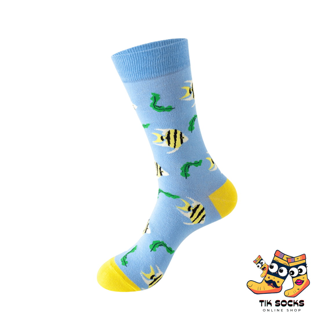 Men's and women's socks featuring vibrant illustrations of various fish species, showcasing their colorful scales and aquatic beauty, set against an underwater world background