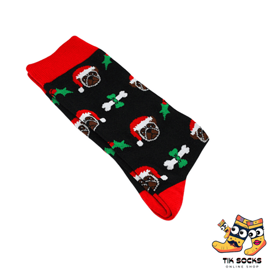 Men's and women's socks featuring illustrations of French Bulldogs wearing festive Christmas hats and scarves against a holiday-themed background