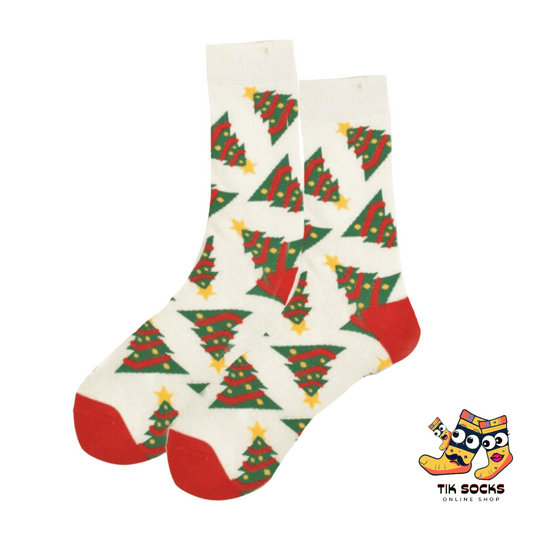 Men's and women's Christmas socks featuring a festive Christmas tree design with colorful ornaments, lights, and a star on top