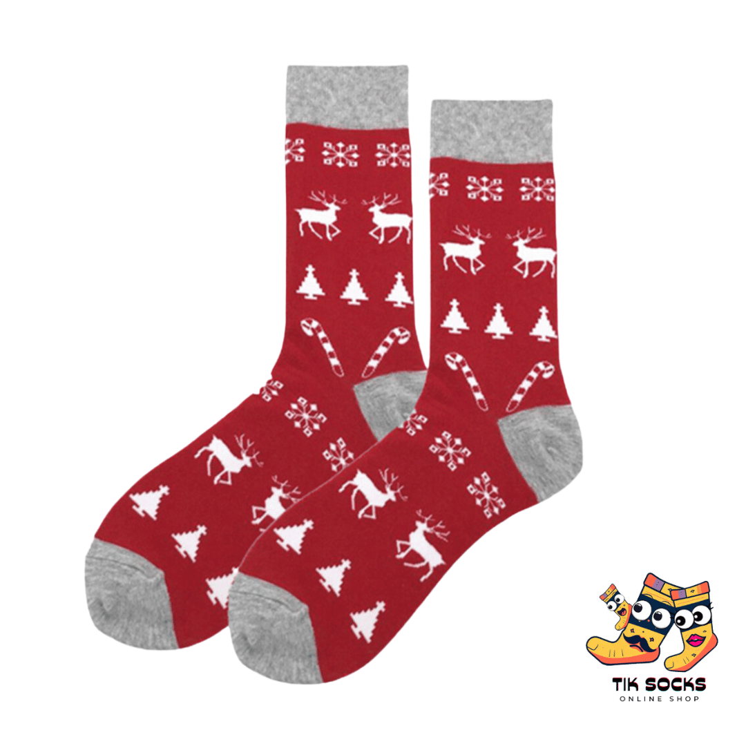 Men's and women's Christmas socks featuring charming deer designs, adorned with antlers, holiday attire, and a festive spirit