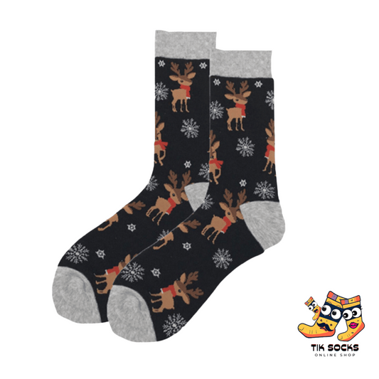 Men's and women's Christmas socks adorned with charming deer illustrations, featuring antlers, holiday attire, and a festive holiday spirit