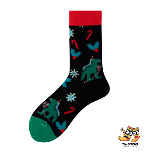 Men's and women's Christmas socks featuring a festive dinosaur-themed design, complete with adorable dinosaur illustrations, holiday decorations, and a cheerful holiday spirit