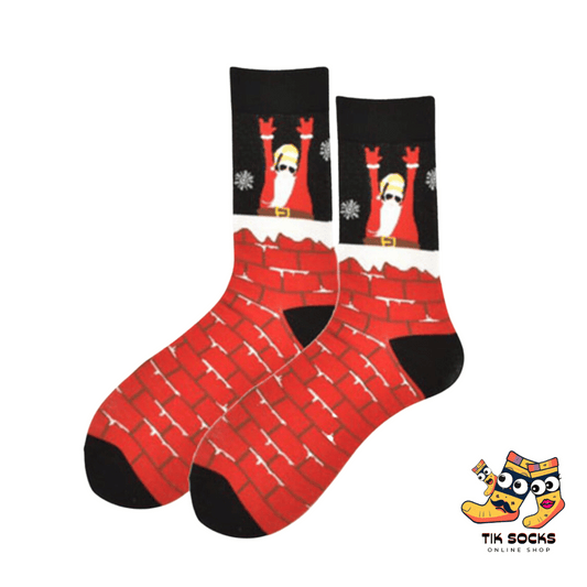 Men's and women's Christmas socks with a fun and festive Santa Claus rocking out to a lively rock 'n' roll beat, embodying the spirit of holiday cheer