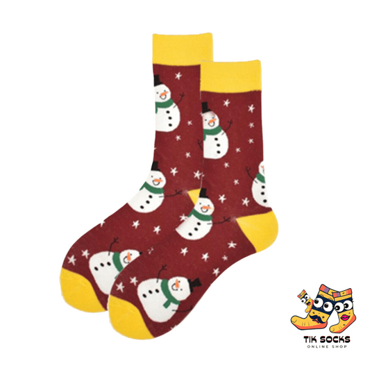 Men's and women's Christmas socks adorned with a whimsical snowman design, featuring a jolly snowman, festive attire, and a snowy winter backdrop