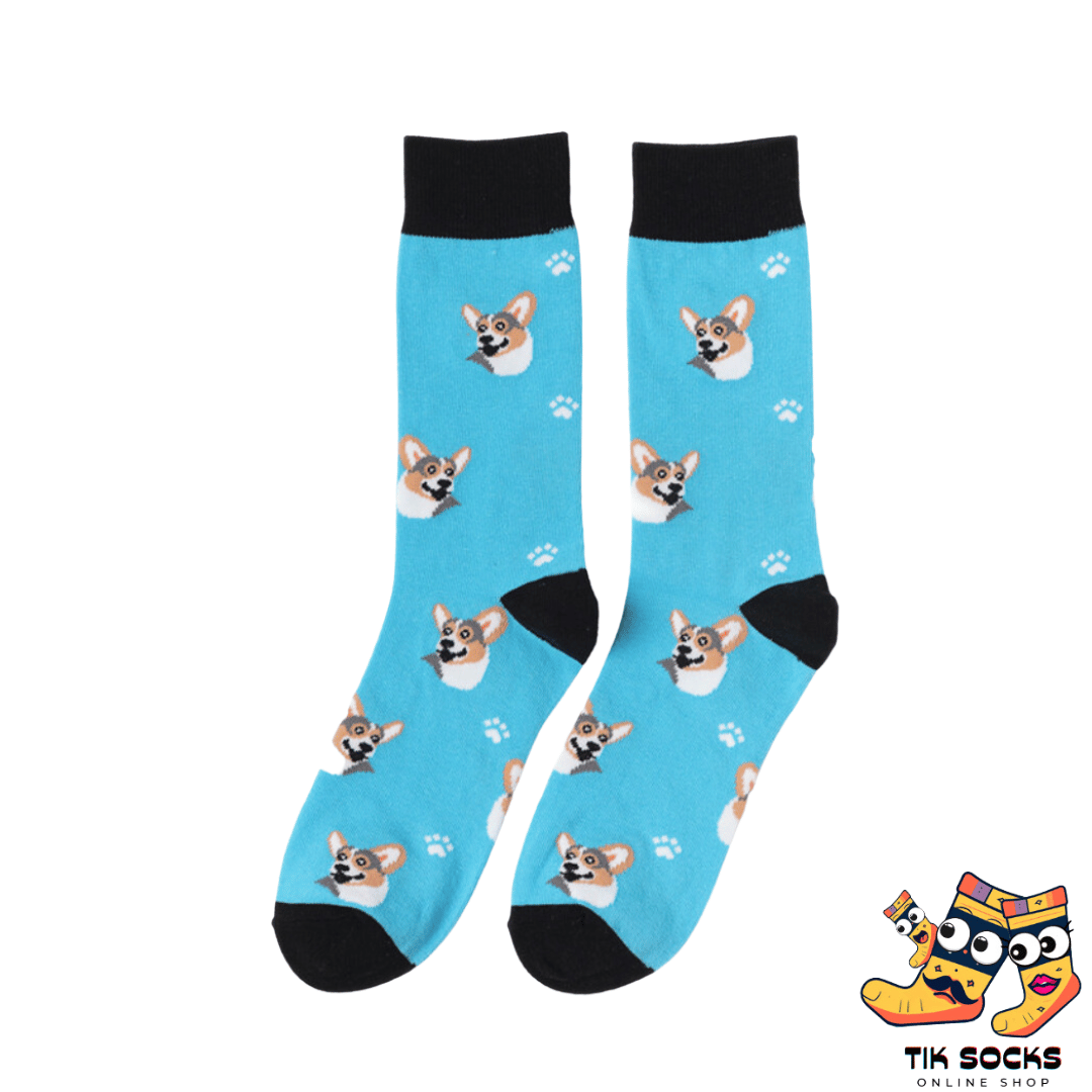 Men's and women's socks decorated with playful illustrations of corgi dogs in various poses on a complementary background