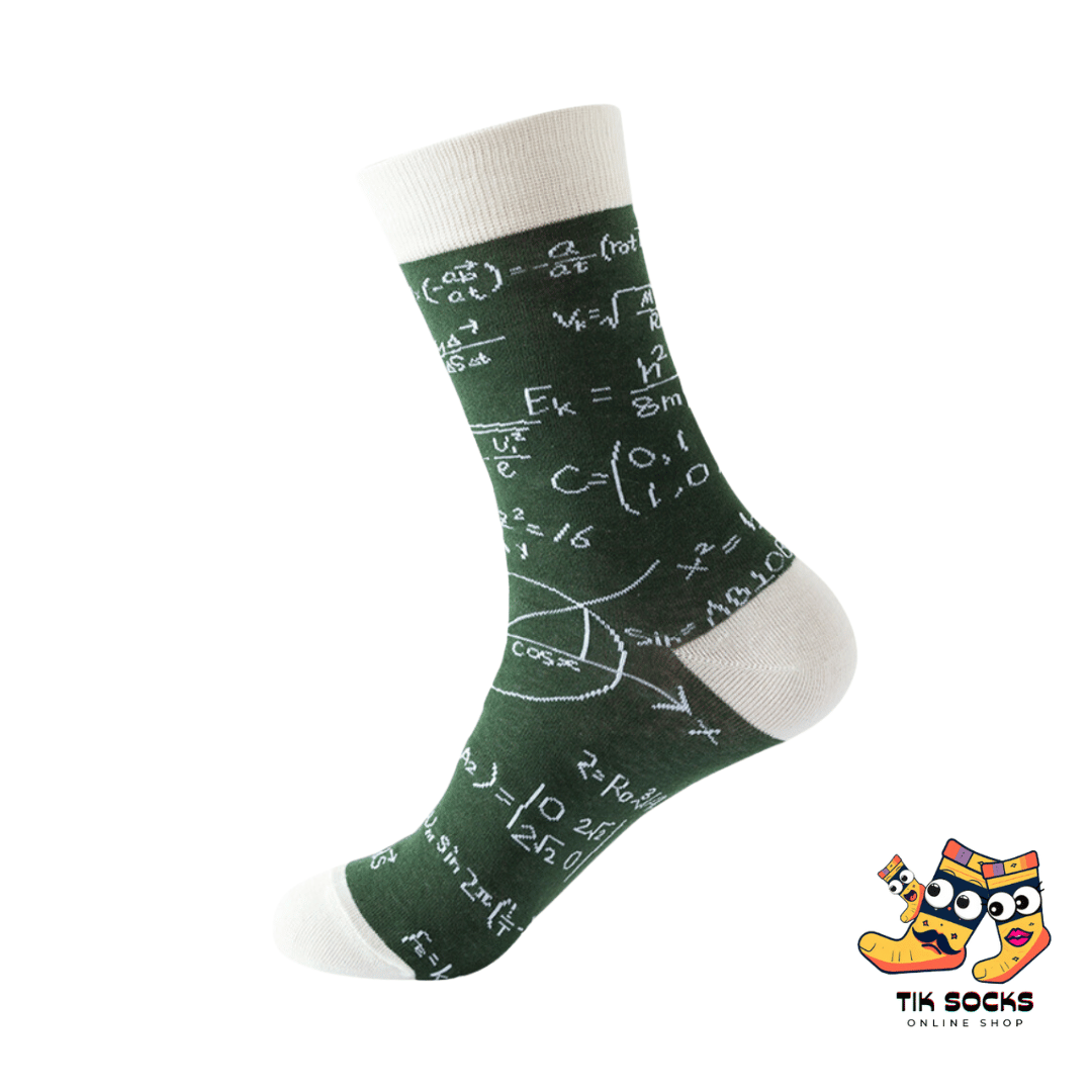 Men's and women's socks covered in various mathematical formulas, equations, and symbols against a scholarly background.