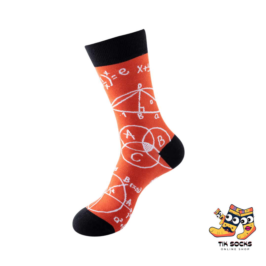 Men's and women's socks covered in various mathematical formulas, equations, and symbols against a scholarly background.