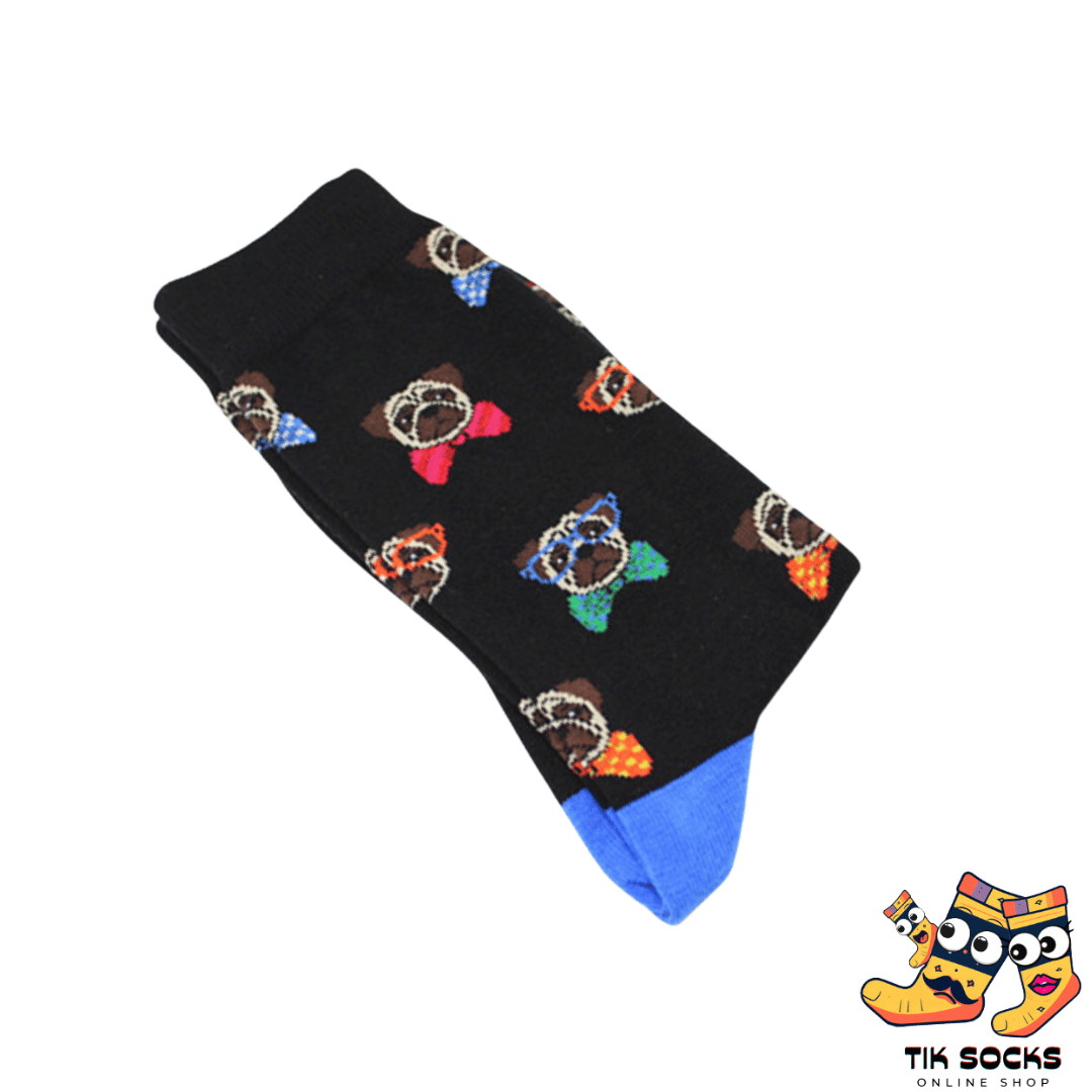 Men's and women's socks adorned with illustrations of French Bulldogs wearing color bow
