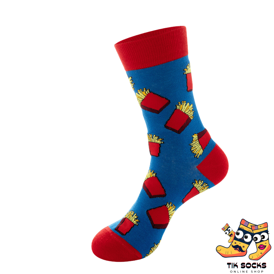 Men's and women's socks featuring a pattern of golden crispy fries in red containers, set against a fast-food themed background