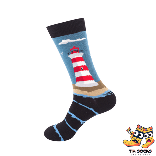 Men's and women's socks featuring detailed depictions of lighthouses standing tall against coastal scenes with waves and seagulls