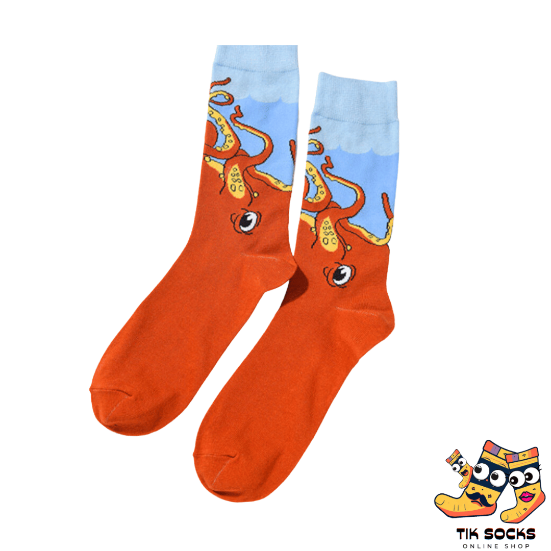 Men's and women's socks adorned with detailed graphics of octopuses, showcasing their tentacles and unique patterns, set against an oceanic background