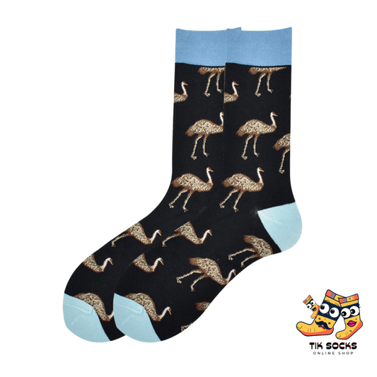Men's and women's socks decorated with illustrations of ostriches, showcasing their long necks and plumed feathers, set against a savannah-inspired background
