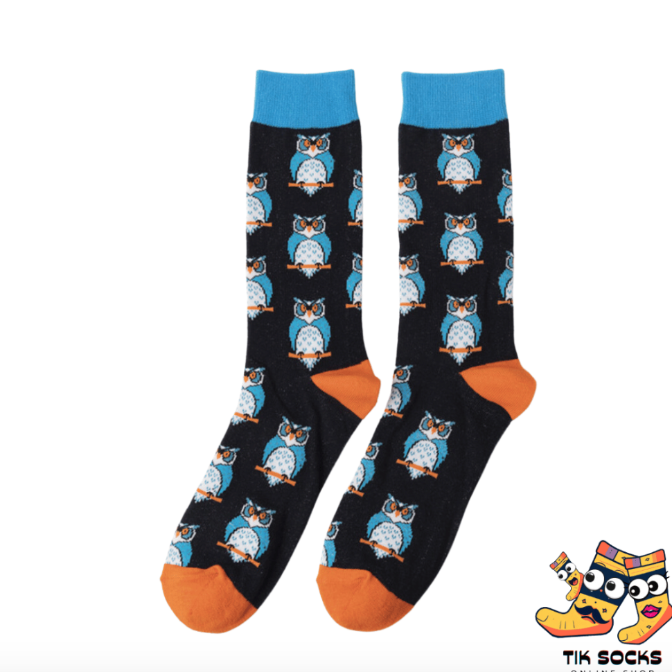 Men's and women's socks adorned with detailed graphics of owls, showcasing their wide eyes and intricate feather patterns, set against a moonlit or forest-themed background.