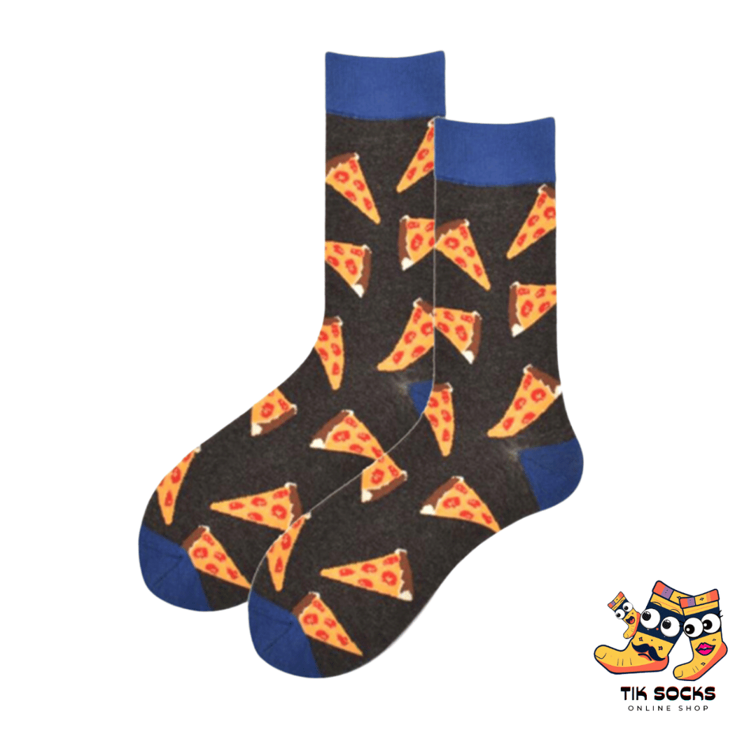 Men's and women's socks decorated with illustrations of various pizza slices, showcasing different toppings, set against a warm,