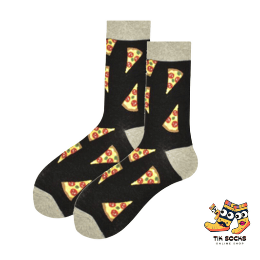 Men's and women's socks decorated with illustrations of various pizza slices, showcasing different toppings, set against a warm,