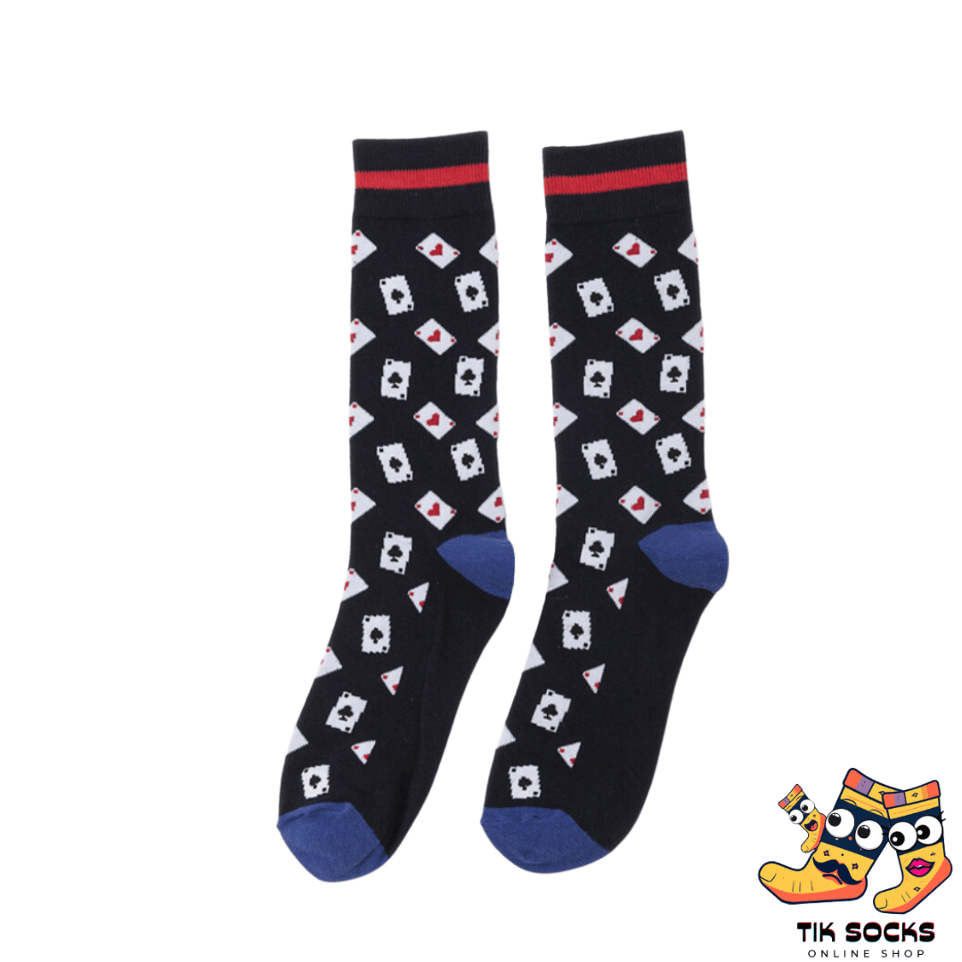 Men's and women's socks featuring illustrations of playing cards background