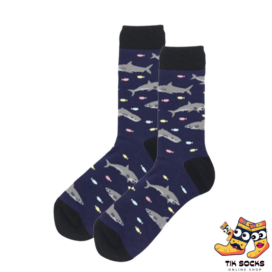 Men's and women's socks featuring vibrant illustrations of various fish species, showcasing their colorful scales and aquatic beauty, set against an underwater world background