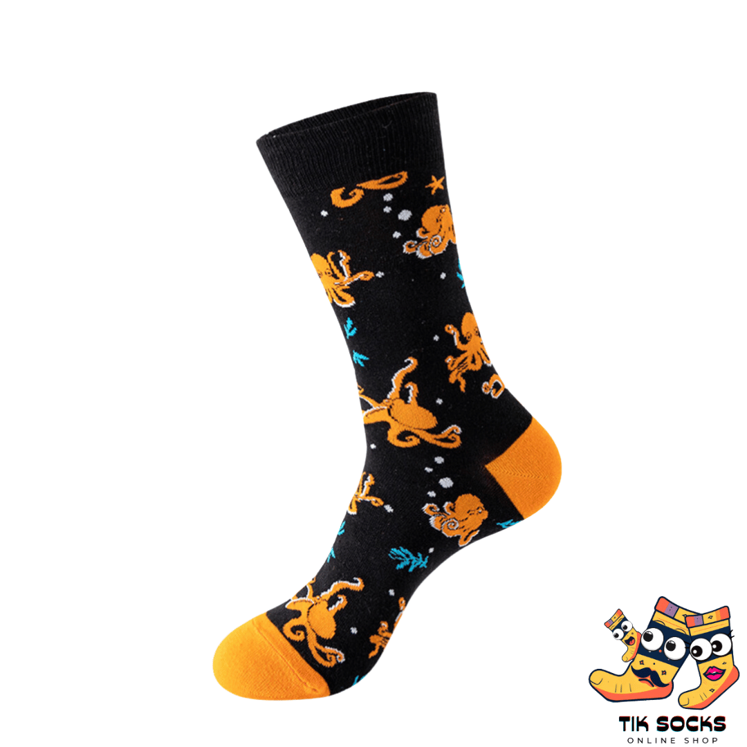 Men's and women's socks featuring vibrant illustrations of various fish species, showcasing their colorful scales and aquatic beauty, set against an underwater world background