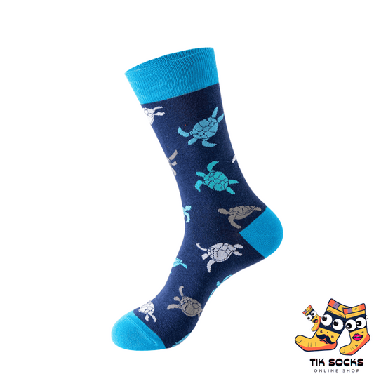 Men's and women's socks featuring vibrant illustrations of various fish species, showcasing their colorful scales and aquatic beauty, set against an underwater world background