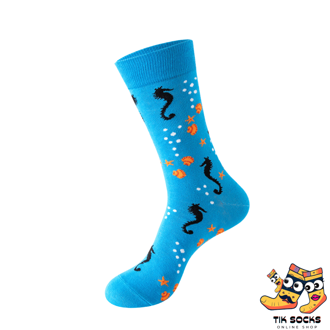 Men's and women's socks featuring vibrant illustrations of various fish species, showcasing their colorful scales and aquatic beauty, set against an underwater world background