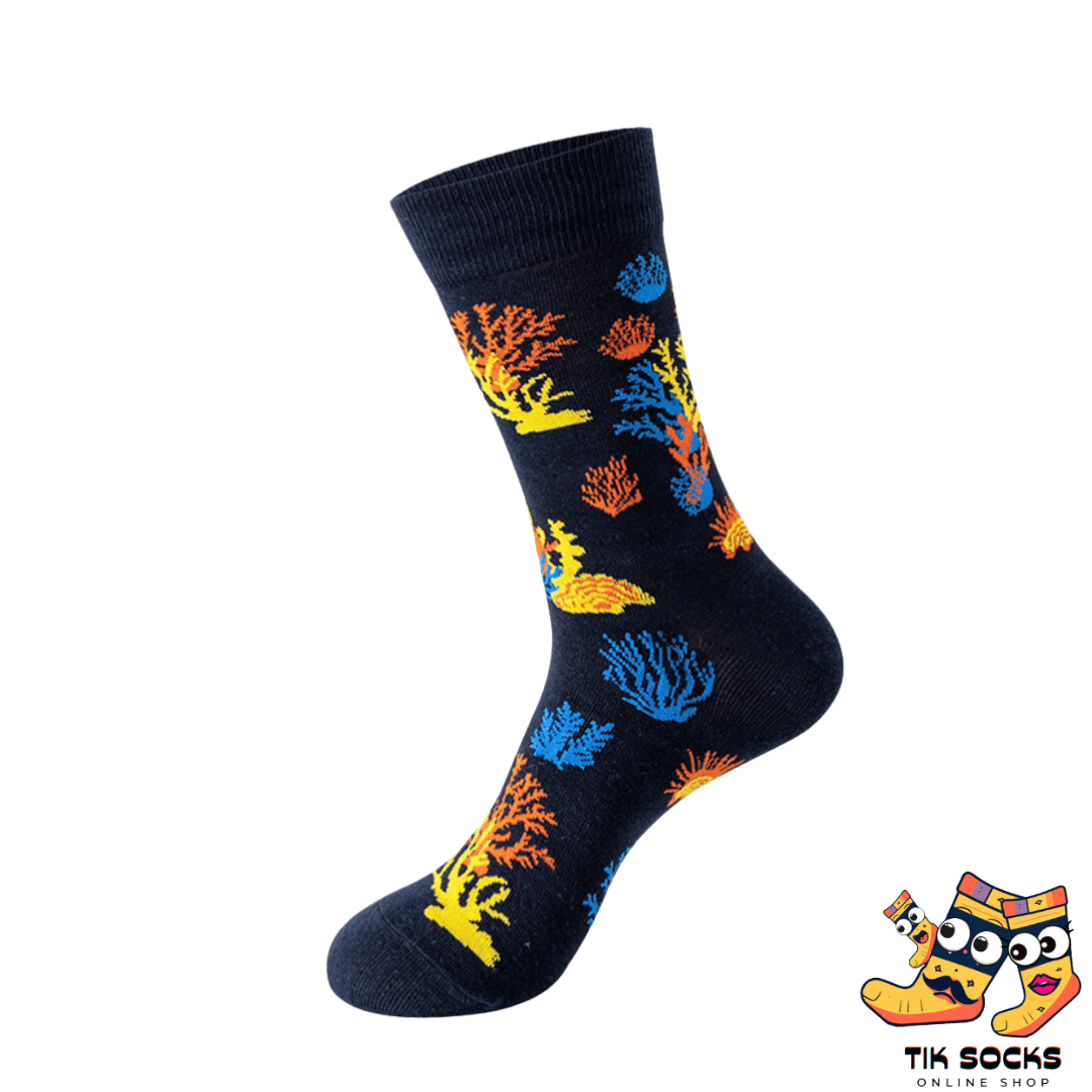 "Men's and women's socks featuring vibrant illustrations of various fish species, showcasing their colorful scales and aquatic beauty, set against an underwater world background."