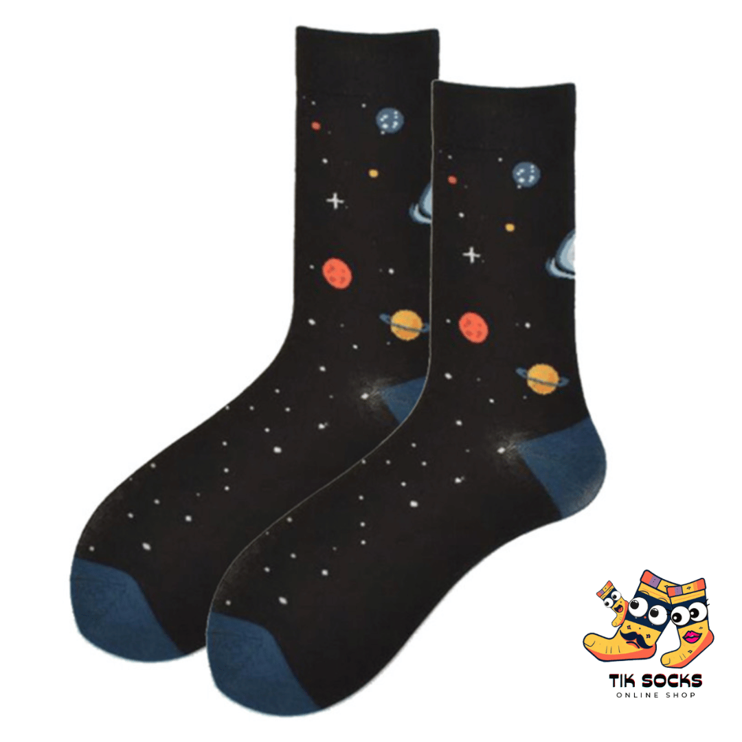 Comfortable socks adorned with a universal design, showcasing celestial bodies and cosmic elements, suitable for both men and women