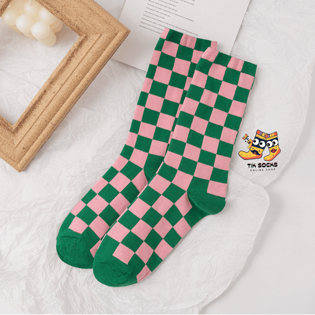 TikSocks|Fun Socks-Chessboard Socks-Green Pink