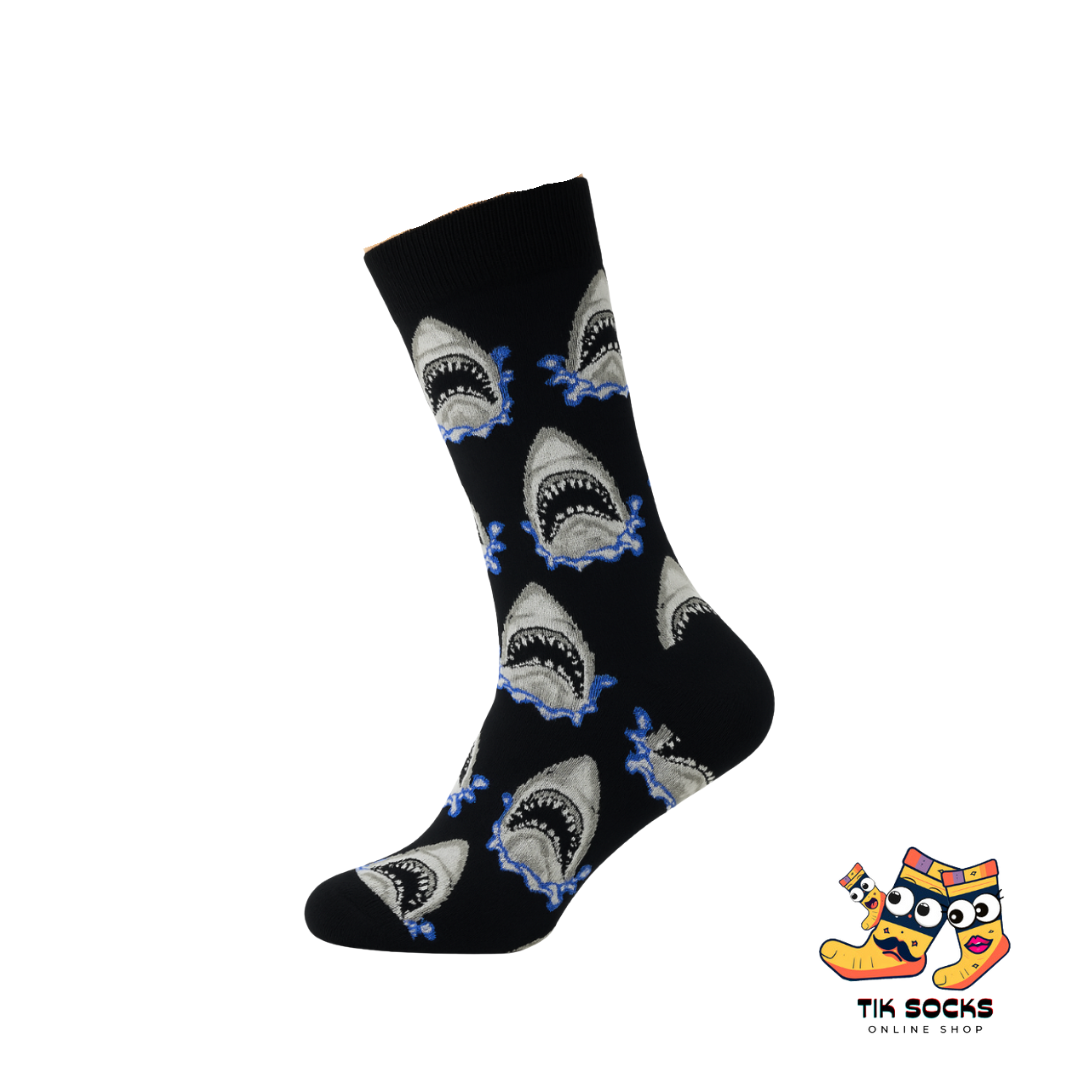 Black sock with shark pattern on a white background, featuring Tik Socks branding.
