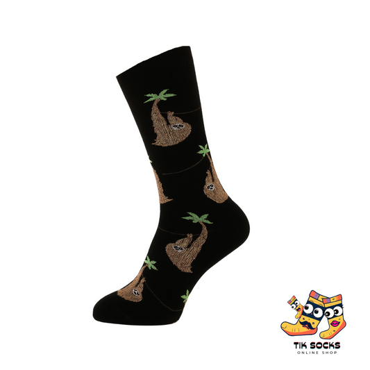 Black sock with sloth designs on a white background, featuring the brand 'Tik Socks'.