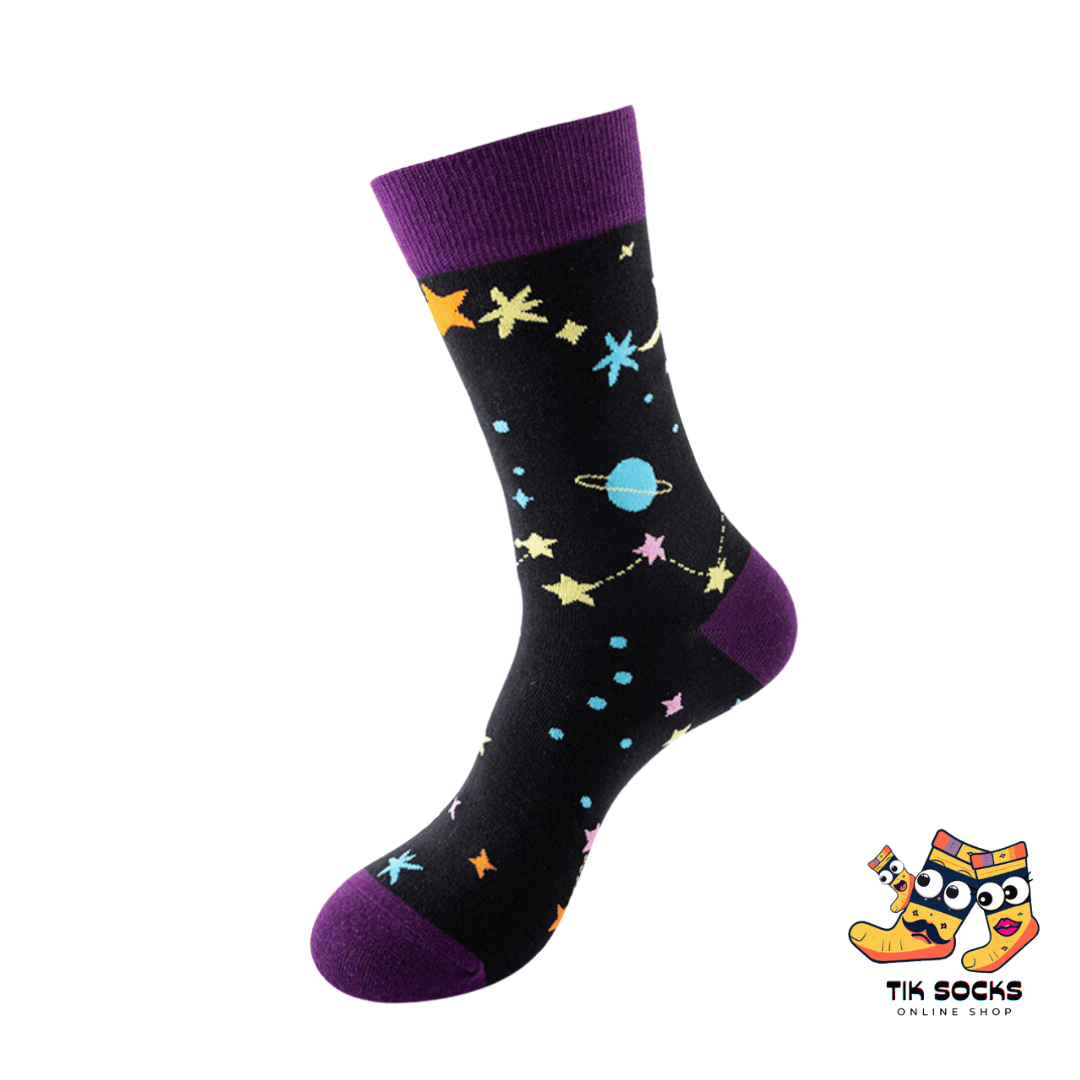 Men's and women's socks featuring a vibrant cosmic design with stars, planets, and galaxies against a deep space background