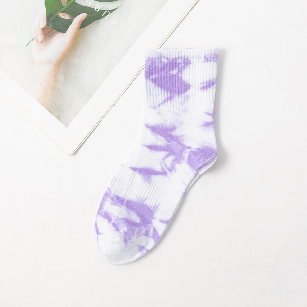 Vibrant tie-dye socks with a unique blend of colors, highlighting premium quality and trendy design suitable for modern fashion enthusiasts.