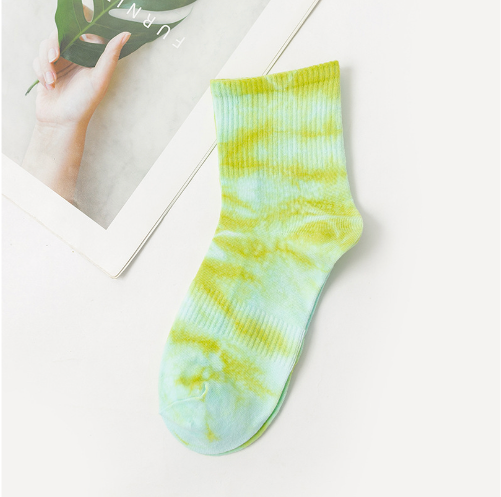 Vibrant tie-dye socks with a unique blend of colors, highlighting premium quality and trendy design suitable for modern fashion enthusiasts.